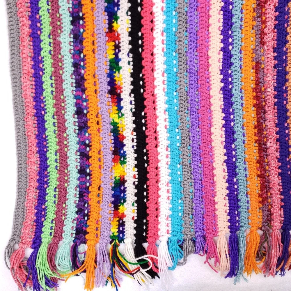 Handmade Multicolor Crochet Knit Blanket 35x60 Boho Retro Fringe Throw‎